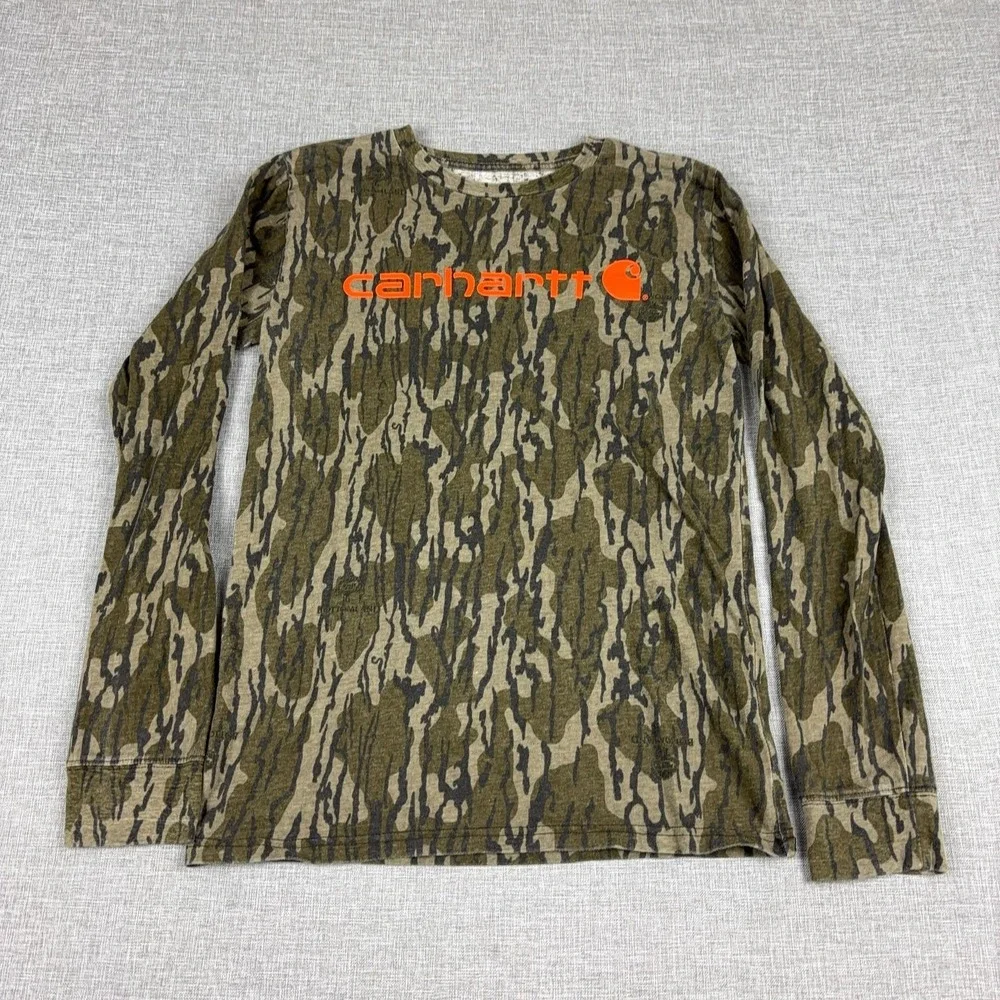 Carhartt Shirt Youth L 14-16 Green Camo Long Sleeve Logo Hunting Graphic Tee